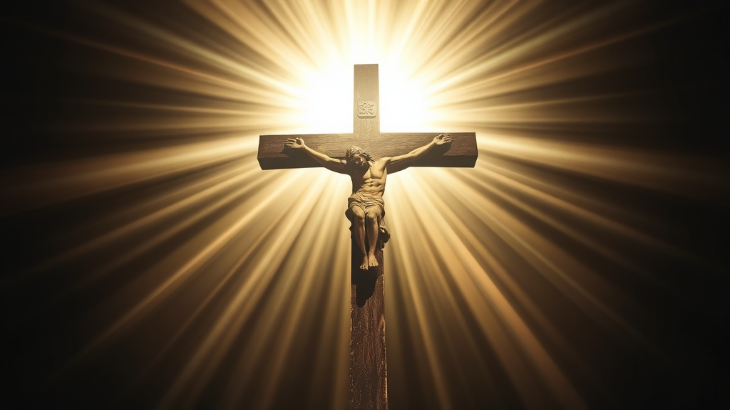 Uma cruz banhada em luz divina, simbolizando a expiação de Cristo onde a justiça e a misericórdia de Deus se encontram, com elementos abstratos de perdão e redenção.