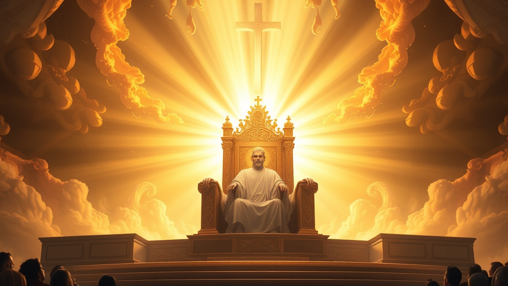 Uma representação majestosa do trono de Deus, emanando luz e retidão, simbolizando a justiça divina.