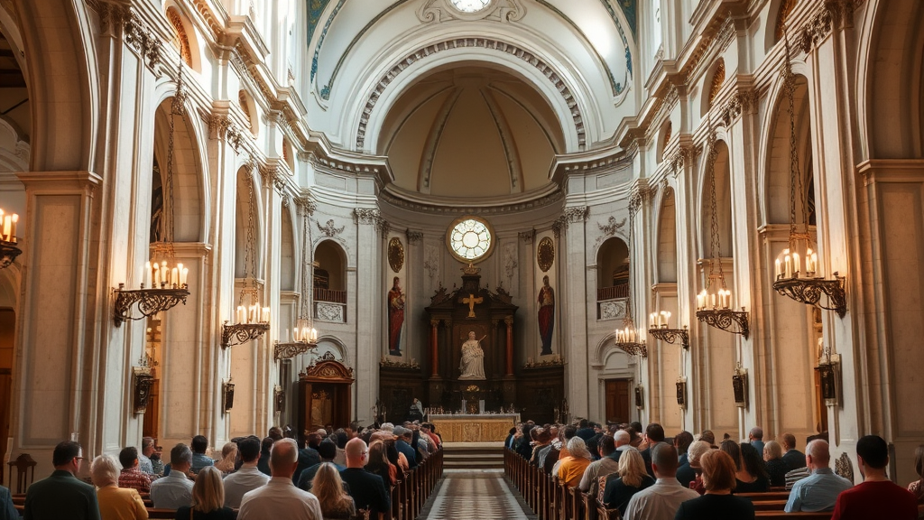 Novena Católica: Como Rezar e Significado 7 Catholic church interior with people praying during a novena