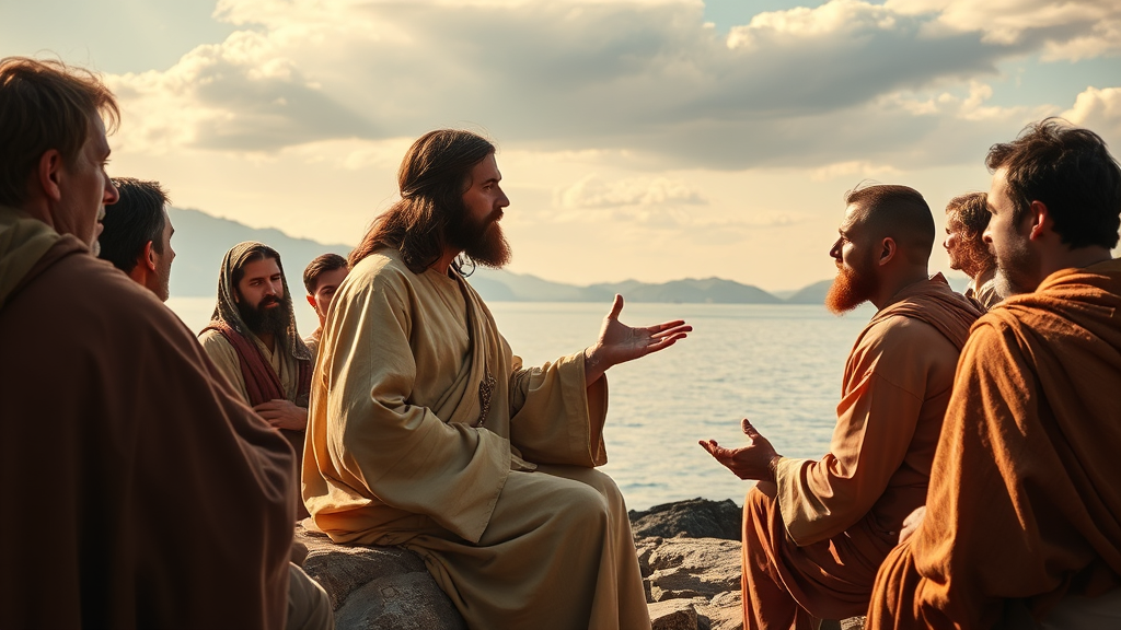 Jesus ensinando uma multidão, cercado por discípulos.