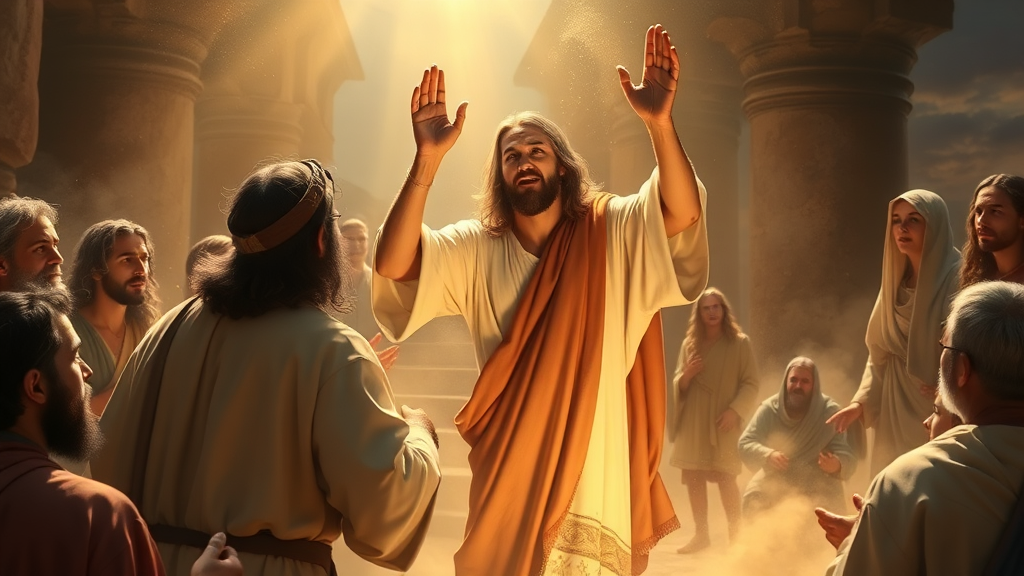 Jesus performing a miracle, surrounded by people