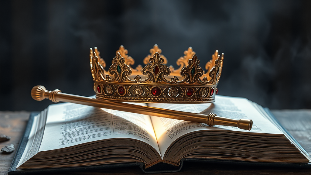 Coroa e cetro majestosos sobre uma Bíblia aberta, simbolizando o Reino de Deus.